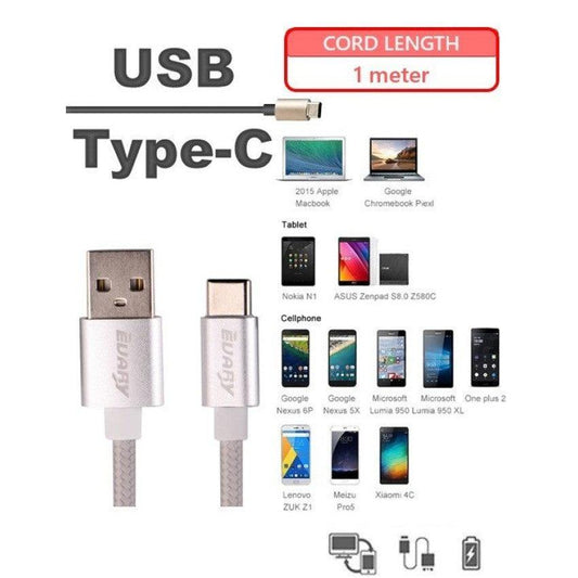 USB C to USB 2.0 Data and Charging Cable, Nylon Braided, 1 meter (Silver) - Momo Gadgets