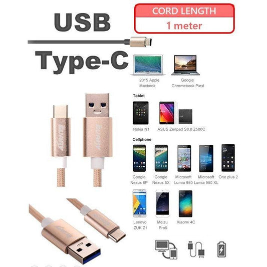 USB C to USB 3.0 Data and Charging Cable, Nylon Braided, 1 meter (Gold) - Momo Gadgets